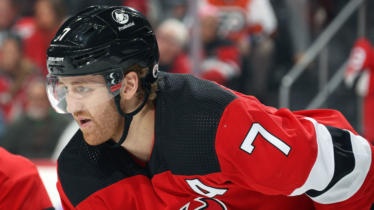 NEWARK, NJ - NOVEMBER 28: Dougie Hamilton #7 of the New Jersey Devils looks on against the Philadelphia Flyers at the Prudential Center on November 28, 2021 in Newark, New Jersey.
