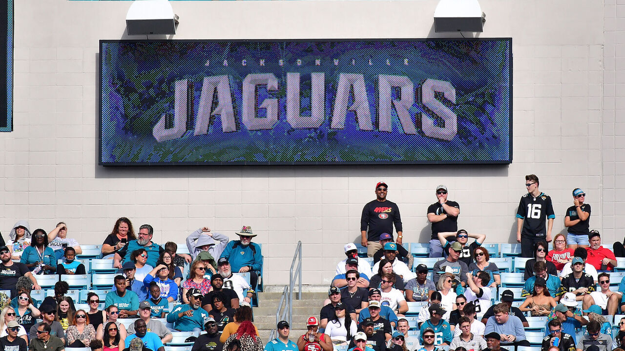 JACKSONVILLE, FLORIDA - NOVEMBER 21: Fans hang out in the pool during the second quarter between the Jacksonville Jaguars and San Francisco 49ers at TIAA Bank Field on November 21, 2021 in Jacksonville, Florida.