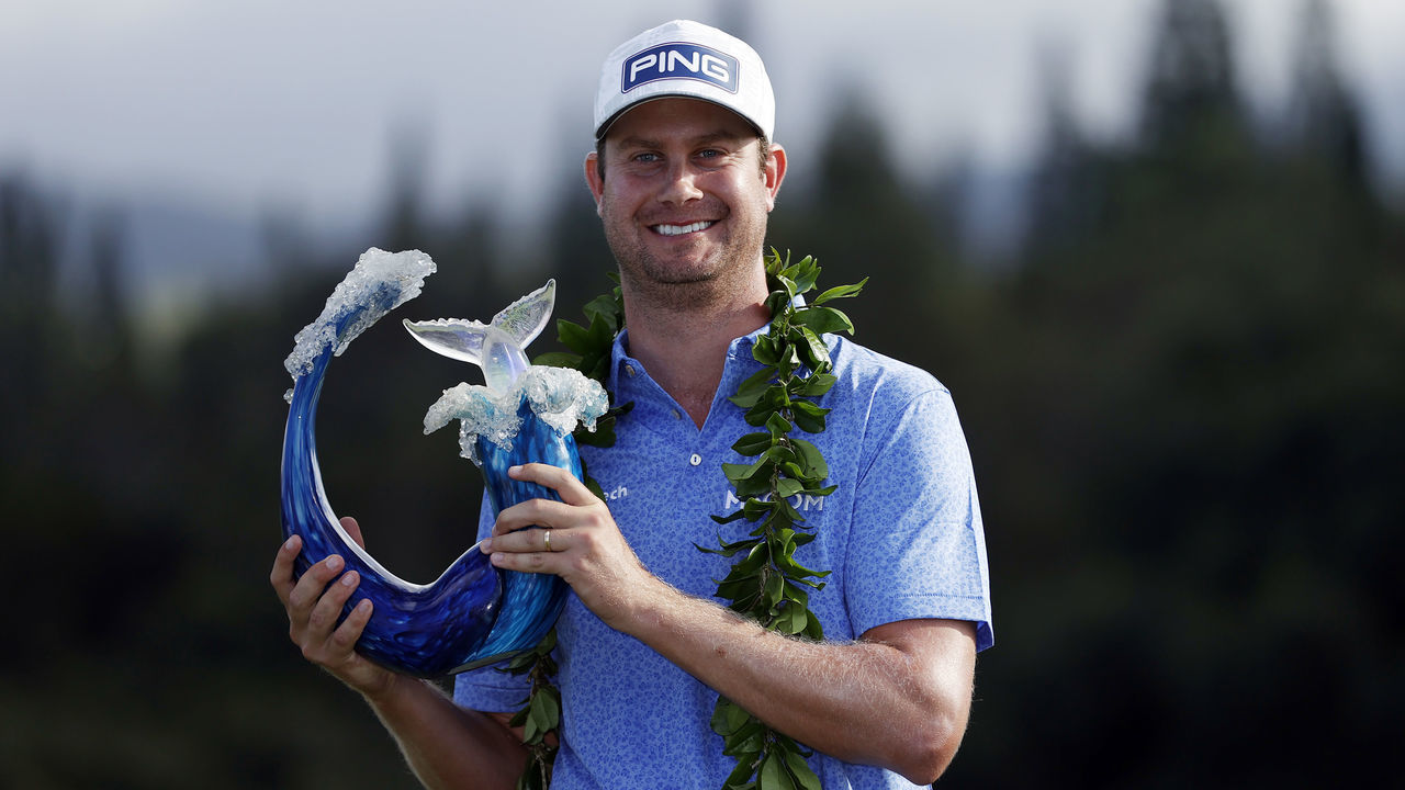 KAPALUA, HAWAII - JANUARY 10: Harris English of the United States poses with the trophy after defeating Joaquin Niemann of Chile , in a playoff during the final round of the Sentry Tournament Of Champions at the Kapalua Plantation Course on January 10, 2021 in Kapalua, Hawaii.
