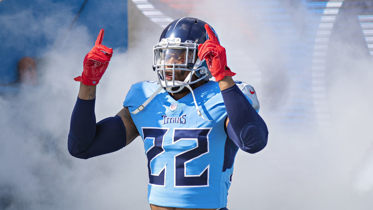 NASHVILLE, TENNESSEE - OCTOBER 24: Derrick Henry #22 of the Tennessee Titans runs onto the field during introductions before a game against the Kansas City Chiefs at Nissan Stadium on October 24, 2021 in Nashville, Tennessee. The Titans defeated the Chiefs 27-3.
