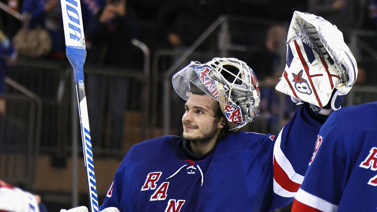 NEW YORK, NEW YORK - JANUARY 02: Igor Shesterkin #31 of the New York Rangers celebrates his 4-0 shutout against the Tampa Bay Lightning at Madison Square Garden on January 02, 2022 in New York City.