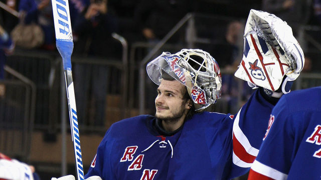 NEW YORK, NEW YORK - JANUARY 02: Igor Shesterkin #31 of the New York Rangers celebrates his 4-0 shutout against the Tampa Bay Lightning at Madison Square Garden on January 02, 2022 in New York City.