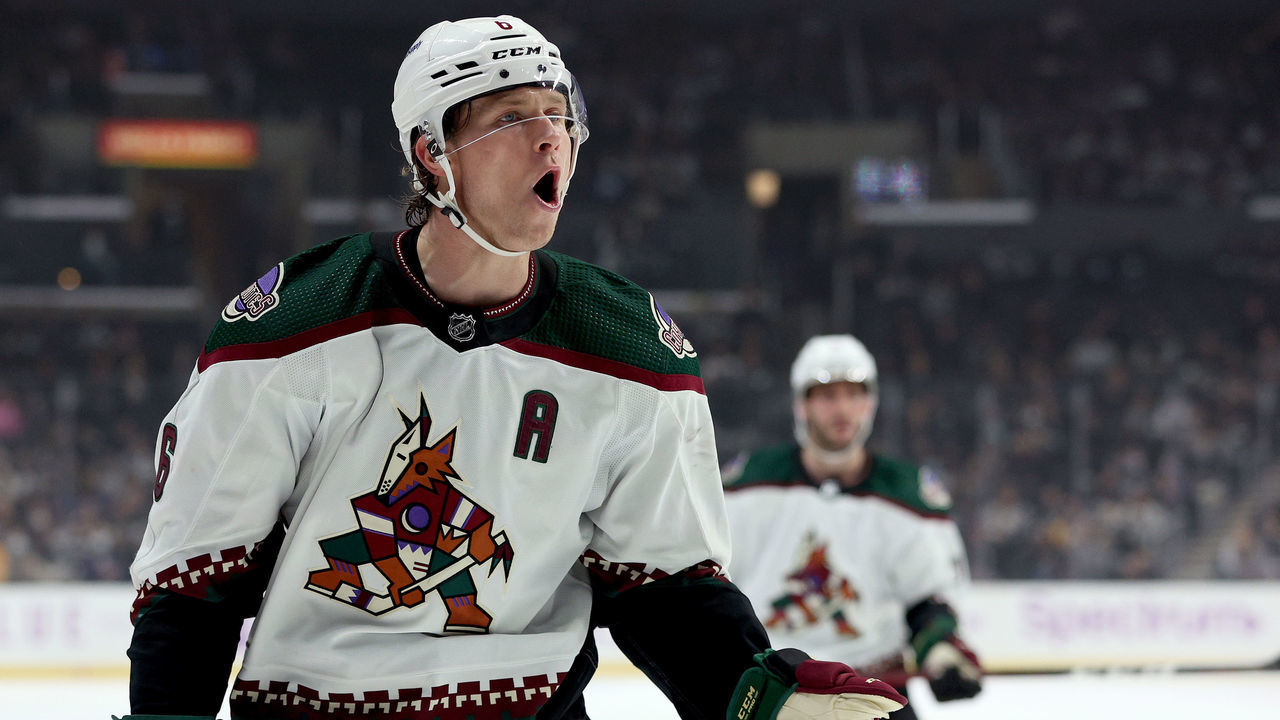 LOS ANGELES, CALIFORNIA - NOVEMBER 21: Jakob Chychrun #6 of the Arizona Coyotes reacts to his hooking penalty during the second period against the Los Angeles Kings at Staples Center on November 21, 2021 in Los Angeles, California.