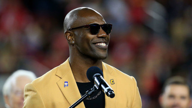 SANTA CLARA, CA - NOVEMBER 01: 2018 Hall of Fame inductee Terrell Owens speaks during a ceremony at halftime of the game between the San Francisco 49ers and the Oakland Raiders at Levi's Stadium on November 1, 2018 in Santa Clara, California.