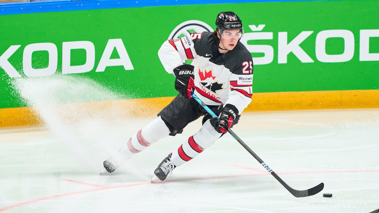 RIGA, LATVIA - JUNE 05: Owen Power #25 of Canada in action during the 2021 IIHF Ice Hockey World Championship Semi Final game between USA and Canada at Arena Riga on June 5, 2021 in Riga, Latvia. Canada defeated the United States 4-2.