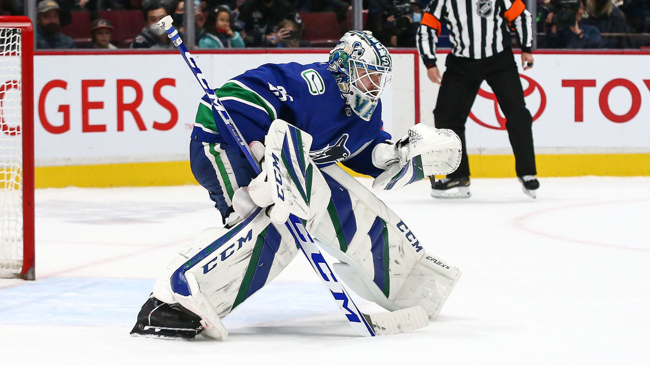 VANCOUVER, BC - DECEMBER 10: Vancouver Canucks Goalie Thatcher Demko (35) participates in a shoot-out against the Winnipeg Jets during their NHL game at Rogers Arena on December 10, 2021 in Vancouver, British Columbia, Canada.