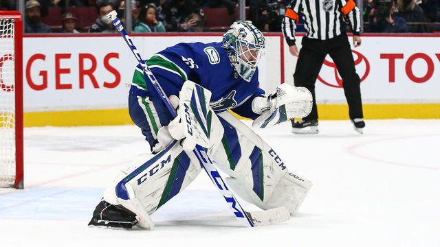 VANCOUVER, BC - DECEMBER 10: Vancouver Canucks Goalie Thatcher Demko (35) participates in a shoot-out against the Winnipeg Jets during their NHL game at Rogers Arena on December 10, 2021 in Vancouver, British Columbia, Canada.
