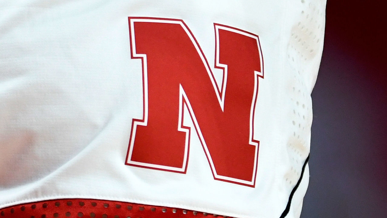 LINCOLN, NE - FEBRUARY 14: The Nebraska Cornhuskers logo on their uniform during the game against the Maryland Terrapins at Pinnacle Bank Arena on February 14, 2021 in Lincoln, Nebraska.