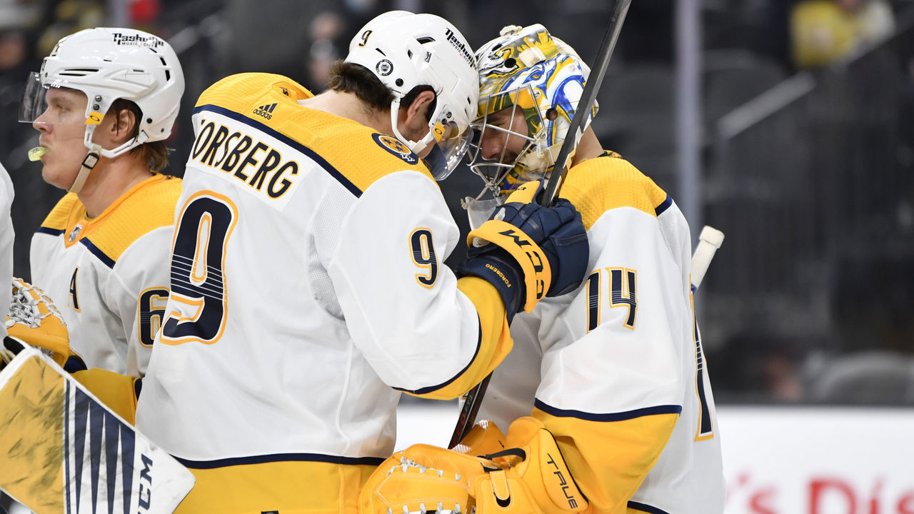 LAS VEGAS, NEVADA - JANUARY 04: The Nashville Predators celebrate after defeating the Vegas Golden Knights at T-Mobile Arena on January 04, 2022 in Las Vegas, Nevada.
