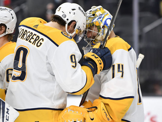 LAS VEGAS, NEVADA - JANUARY 04: The Nashville Predators celebrate after defeating the Vegas Golden Knights at T-Mobile Arena on January 04, 2022 in Las Vegas, Nevada.