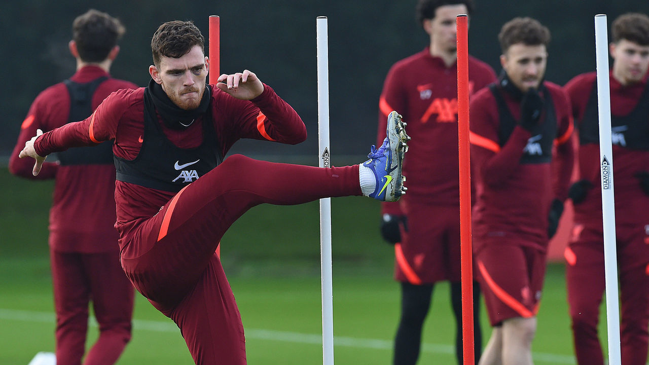 KIRKBY, ENGLAND - DECEMBER 24: (THE SUN OUT. THE SUN ON SUNDAY OUT) Andy Robertson of Liverpool during a training session at AXA Training Centre on December 24, 2021 in Kirkby, England.