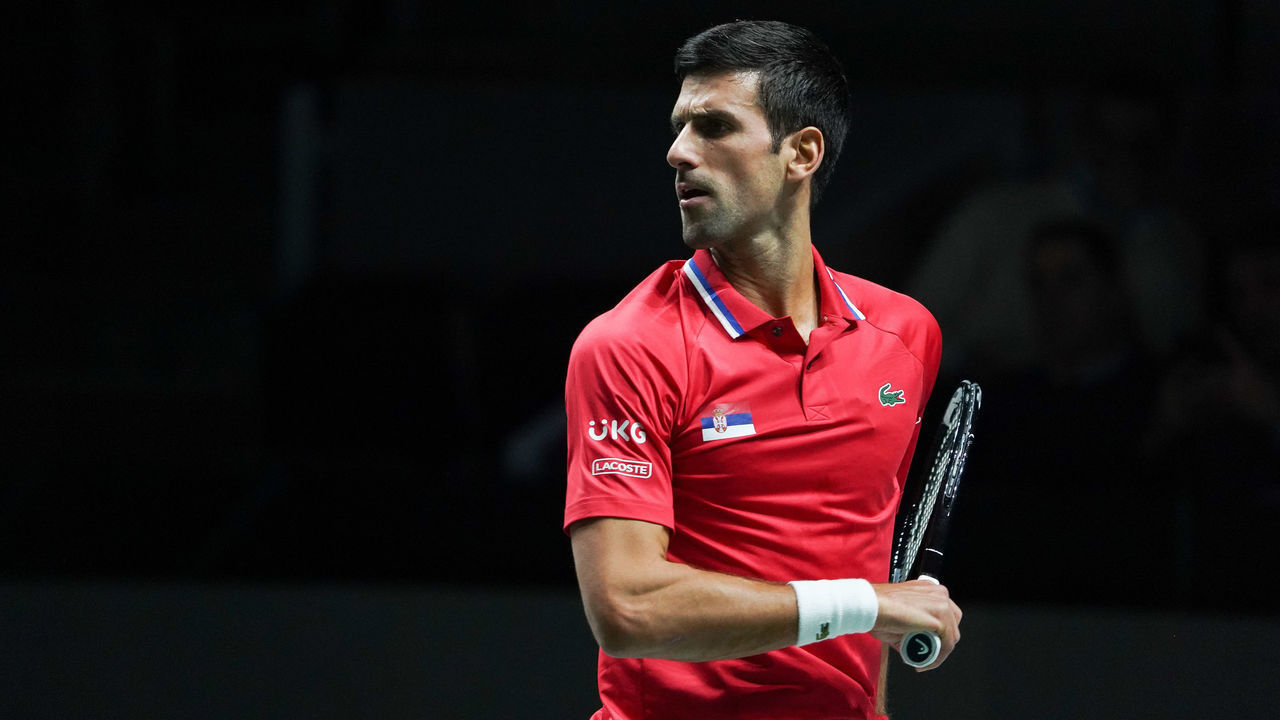 Novak Djokovic of Serbia in action during the Davis Cup Finals 2021 Quarter Final match between Serbia and Kazakhstan at Madrid Arena pabilion on December 01, 2021 in Madrid, Spain.