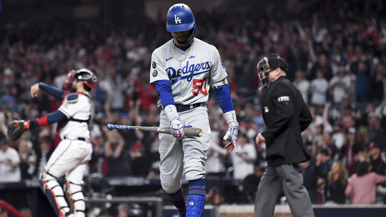 Atlanta, GA - October 23: Los Angeles Dodgers' Mookie Betts reacts after striking out during the seventh inning in game six in the 2021 National League Championship Series against the Atlanta Braves at Truist Park on Saturday, Oct. 23, 2021 in Atlanta, GA. (Wally Skalij / Los Angeles Times via Getty Images)