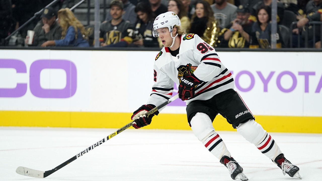 LAS VEGAS, NEVADA - NOVEMBER 13: Alex Nylander #92 of the Chicago Blackhawks skates during the first period against the Vegas Golden Knights at T-Mobile Arena on November 13, 2019 in Las Vegas, Nevada.
