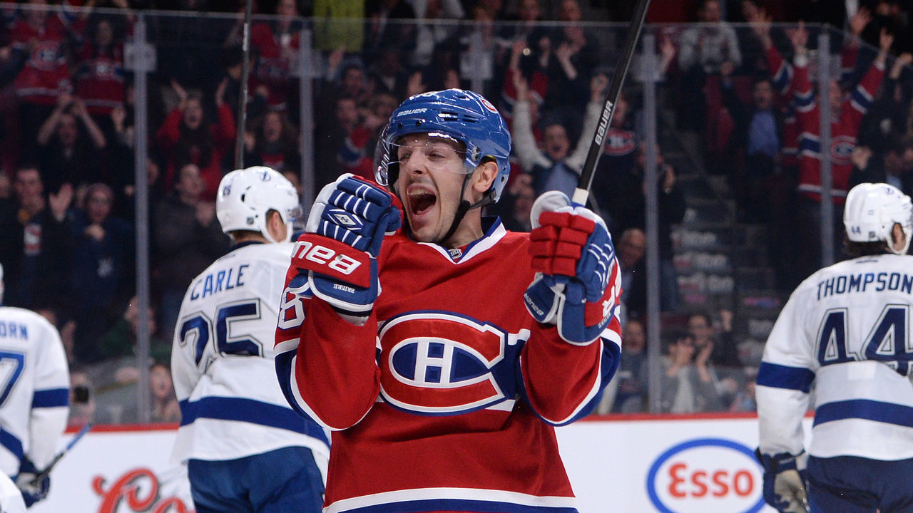 MONTREAL, QC - NOVEMBER 12: Daniel Briere #48 of the Montreal Canadiens celebrates after scoring a goal against the Tampa Bay Lightning during the NHL game on November 12, 2013 at the Bell Centre in Montreal, Quebec, Canada.
