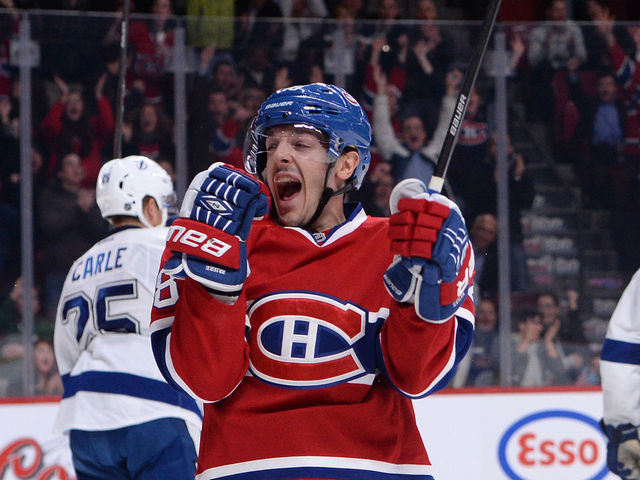 MONTREAL, QC - NOVEMBER 12: Daniel Briere #48 of the Montreal Canadiens celebrates after scoring a goal against the Tampa Bay Lightning during the NHL game on November 12, 2013 at the Bell Centre in Montreal, Quebec, Canada.