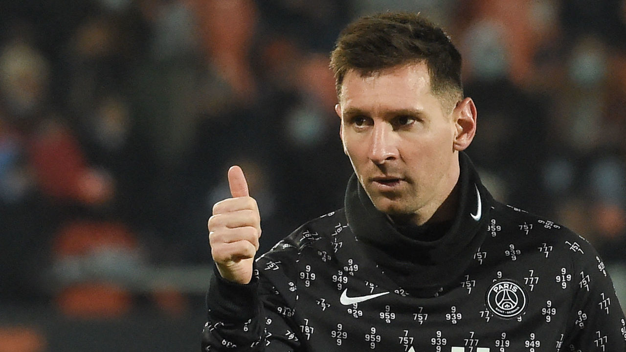 Paris Saint-Germain's Argentinian forward Lionel Messi reacts prior the French L1 football match between FC Lorient and Paris Saint-Germain at Yves Allainmat-Le Moustoir Stadium in Lorient, western France, on December 22, 2021.