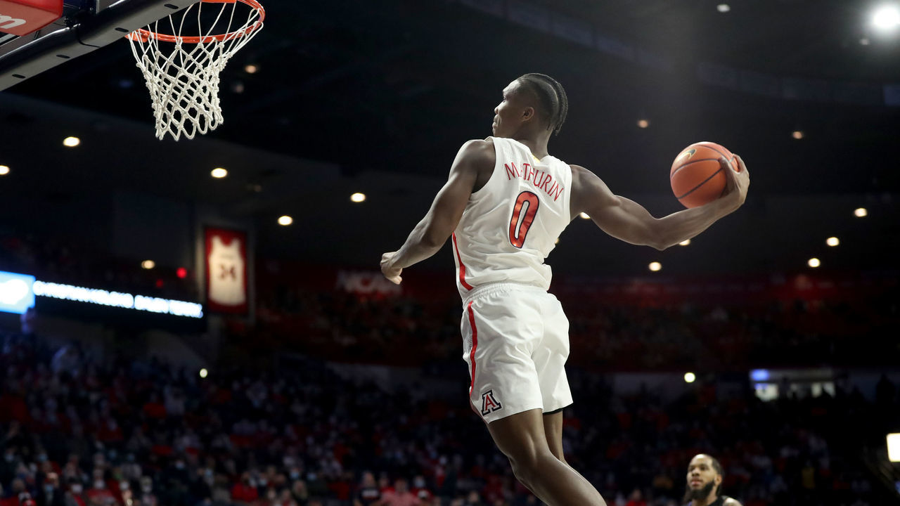 TUCSON, AZ - JANUARY 03: University of Arizona Wildcats guard #0 Bennedict Mathurin during the first half of a basketball game between the University of Washington Huskies and University of Arizona Wildcats on January 03, 2022 at McKale Center in Tucson, AZ.