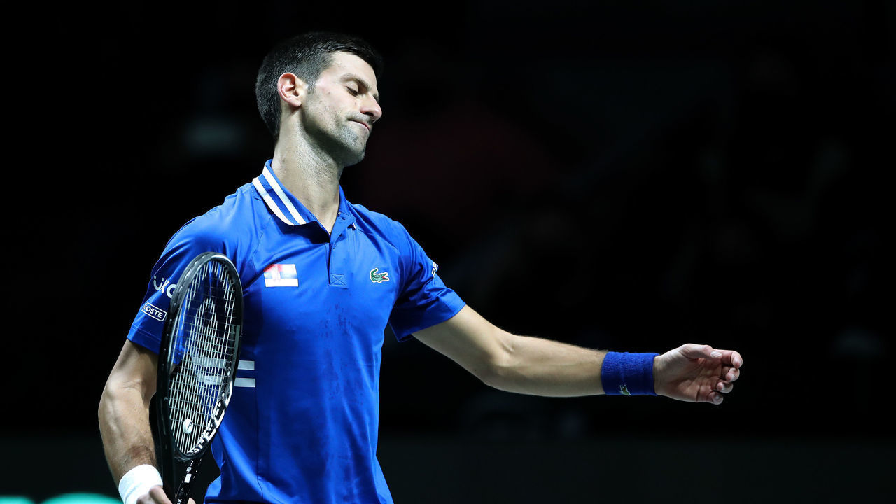 MADRID, SPAIN - DECEMBER 03: Novak Djokovic of Serbia reacts during the Davis Cup Semi Final match between Croatia and Serbia at Madrid Arena on December 03, 2021 in Madrid, Spain.