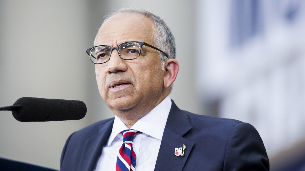 MANHATTAN, NY - JULY 10: Carlos Cordeiro, United States Soccer Federation President gives a speech on the steps of City Hall after the ticker tape parade down Broadway and through the through the Canyon of Heroes,. This celebration was put on by the City of Manhattan to honor the team winning the 2019 FIFA World Cup Championship title, their fourth, played in France against Netherlands, at the City Hall Ceremony in the Manhattan borough of New York on July 10, 2019, USA.