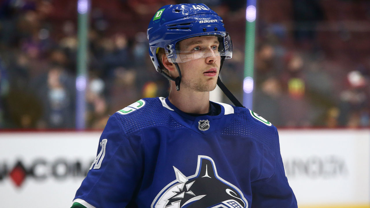 VANCOUVER, BC - DECEMBER 10: Vancouver Canucks Center Elias Pettersson (40) warms up to play the Winnipeg Jets during their NHL game at Rogers Arena on December 10, 2021 in Vancouver, British Columbia, Canada.