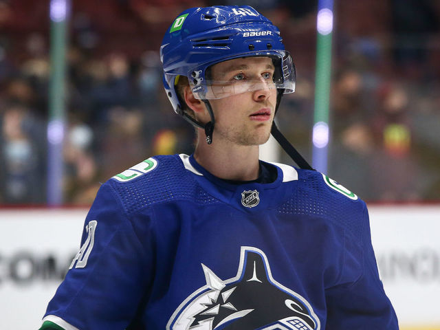 VANCOUVER, BC - DECEMBER 10: Vancouver Canucks Center Elias Pettersson (40) warms up to play the Winnipeg Jets during their NHL game at Rogers Arena on December 10, 2021 in Vancouver, British Columbia, Canada.