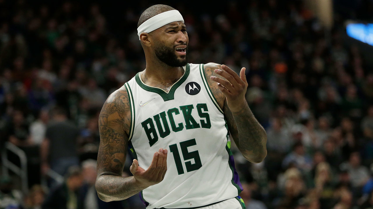 MILWAUKEE, WISCONSIN - DECEMBER 22: DeMarcus Cousins #15 of the Milwaukee Bucks reacts after being fouled during the first half of the game against the Houston Rockets at Fiserv Forum on December 22, 2021 in Milwaukee, Wisconsin.