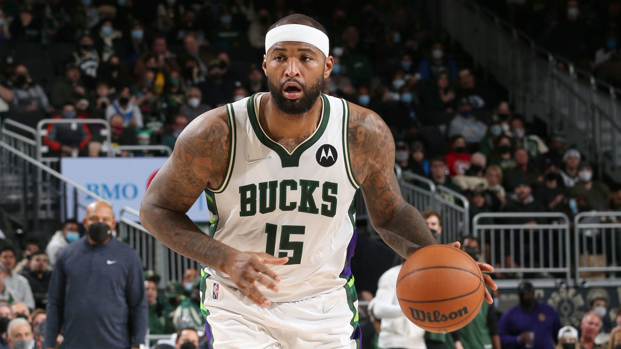 MILWAUKEE, WI - JANUARY 5: DeMarcus Cousins #15 of Milwaukee Bucks dribbles the ball during the game against the Toronto Raptors on January 5, 2022 at the Fiserv Forum Center in Milwaukee, Wisconsin. Mandatory Copyright Notice: Copyright 2022 NBAE .