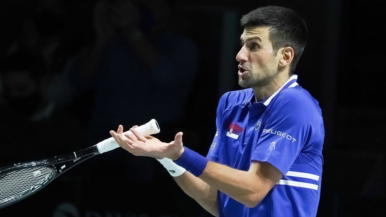 MADRID, SPAIN - 2021/12/03: Novak Djokovic of Serbia plays against Marin Cilic of Croatia during the Davis Cup Finals 2021 Semi Final match between Croatia and Serbia at Madrid Arena. Victory for Djokovic, Novak. (6.4) (6.2).