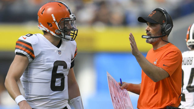 INGLEWOOD, CA - OCTOBER 10: Baker Mayfield #6 of the Cleveland Browns talks to head coach Kevin Stefanski at SoFi Stadium on October 10, 2021 in Inglewood, California.