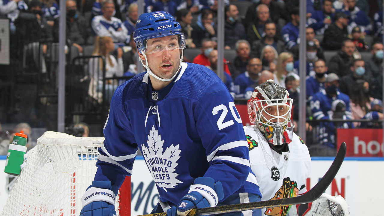 TORONTO, ON - DECEMBER 11: Nick Ritchie #20 of the Toronto Maple Leafs skates against the Chicago Blackhawks during an NHL game at Scotiabank Arena on December 11, 2021 in Toronto, Ontario, Canada. The Maple Leafs defeated the Blackhawks 5-4.
