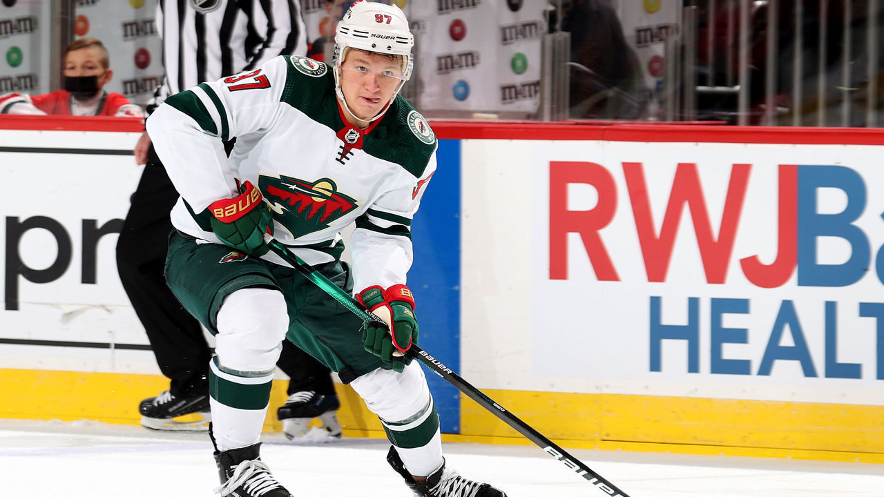 NEWARK, NEW JERSEY - NOVEMBER 24: Kirill Kaprizov #97 of the Minnesota Wild takes the puck against the New Jersey Devils at Prudential Center on November 24, 2021 in Newark, New Jersey. The Minnesota Wild defeated the New Jersey Devils 3-2 in a shootout.