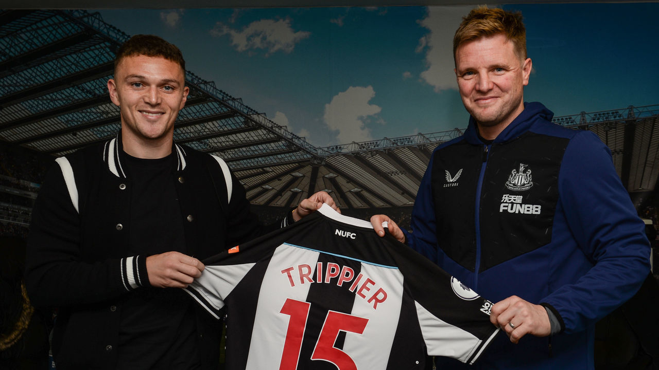 NEWCASTLE UPON TYNE, ENGLAND - JANUARY 05: In this image released on January 7, Kieran Trippier poses for photographs with Newcastle United Head Coach Eddie Howe at the Newcastle United Training Centre on January 05, 2022 in Newcastle upon Tyne, England.
