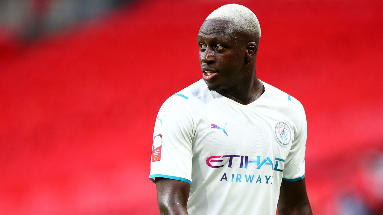 LONDON, ENGLAND - AUGUST 07: Benjamin Mendy of Manchester City looks on during The FA Community Shield between Manchester City and Leicester City at Wembley Stadium on August 07, 2021 in London, England.