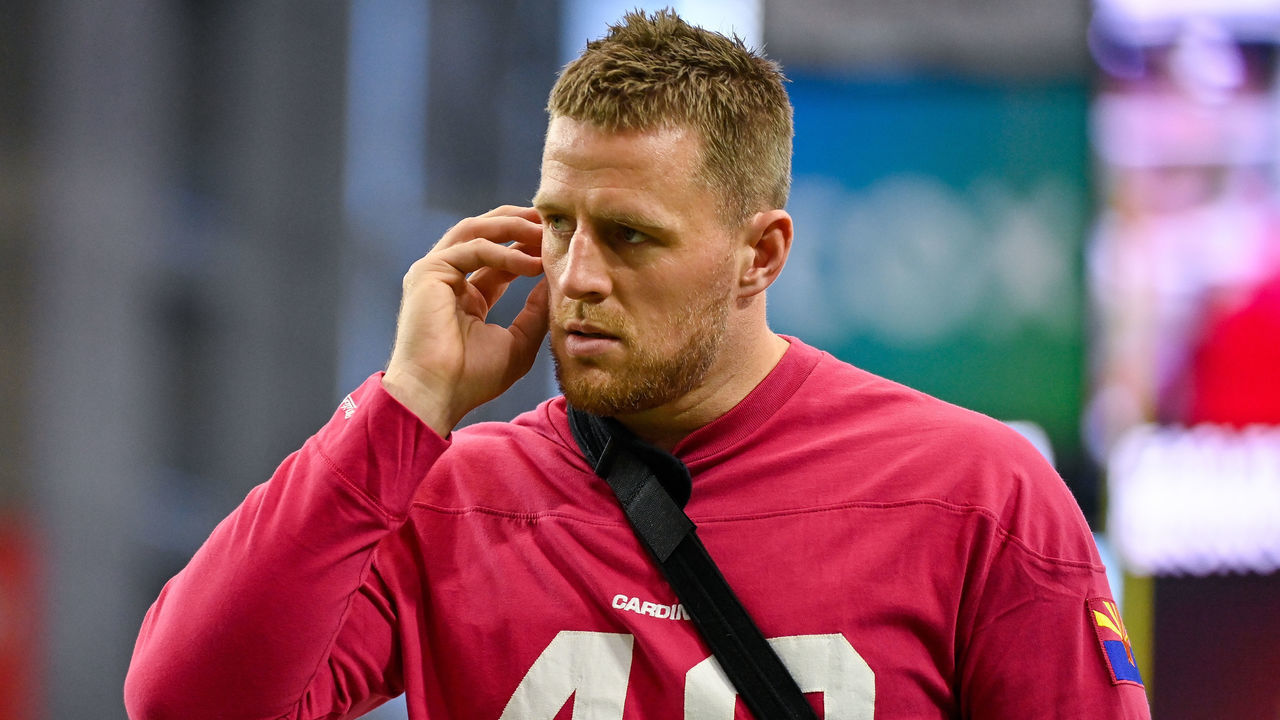 GLENDALE, ARIZONA - NOVEMBER 14: J.J. Watt #99 of the Arizona Cardinals looks on from the side line during the second quarter against the Carolina Panthers at State Farm Stadium on November 14, 2021 in Glendale, Arizona. The Panthers defeated the Cardinals 34-10.