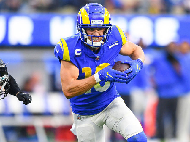 INGLEWOOD, CA - DECEMBER 05: Los Angeles Rams Wide Receiver Cooper Kupp (10) breaks free from Jacksonville Jaguars Safety Andrew Wingard (42) on his way to a touchdown during the NFL game between the Jacksonville Jaguars and the Los Angeles Rams on December 5, 2021, at SoFi Stadium in Inglewood, CA.