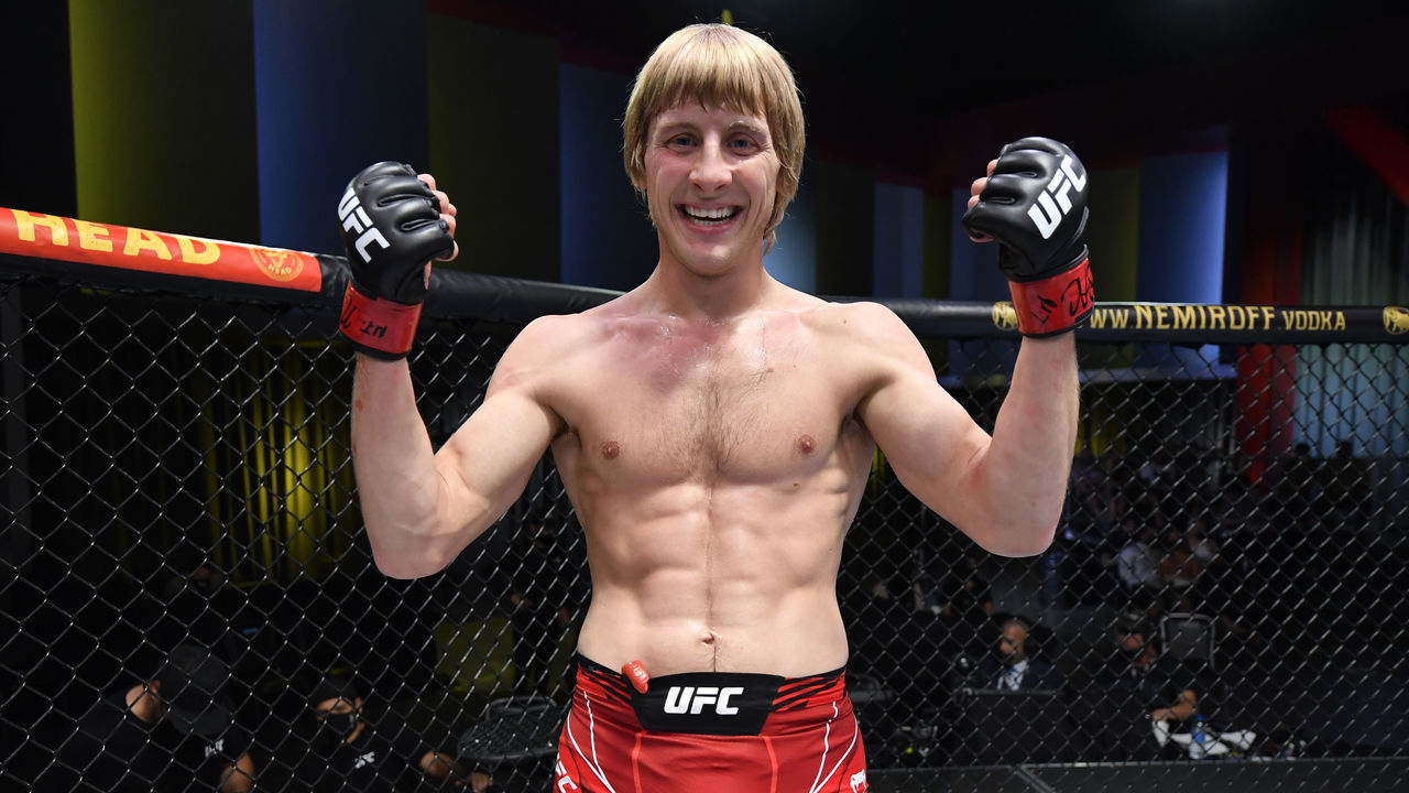 LAS VEGAS, NEVADA - SEPTEMBER 04: Paddy Pimblett of England reacts after knocking out Luigi Vendramini of Brazil in their lightweight fight during the UFC Fight Night event at UFC APEX on September 04, 2021 in Las Vegas, Nevada.