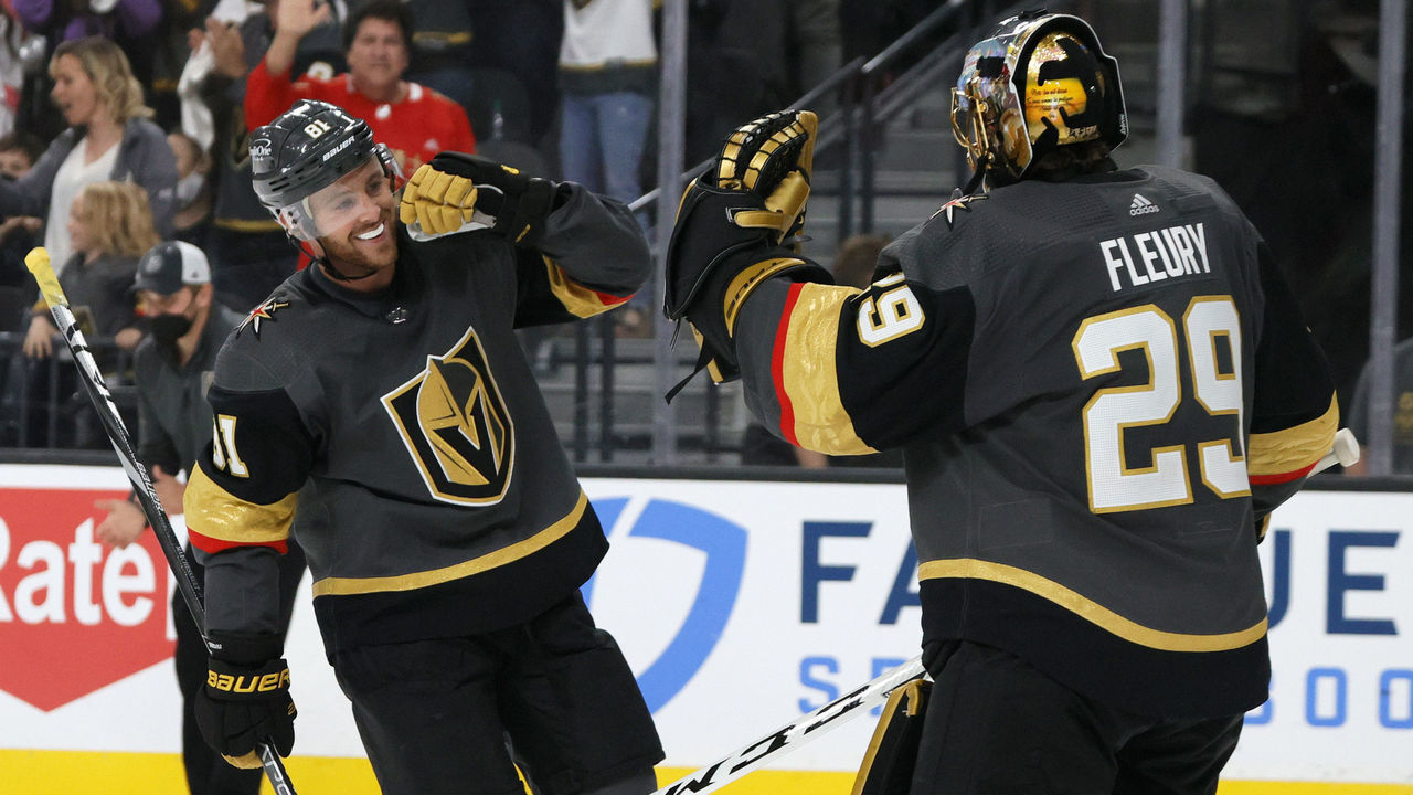 LAS VEGAS, NEVADA - JUNE 06: Jonathan Marchessault #81 and Marc-Andre Fleury #29 of the Vegas Golden Knights celebrate after Marchessault scored a third-period goal, his third goal of the game, against the Colorado Avalanche in Game Four of the Second Round of the 2021 Stanley Cup Playoffs at T-Mobile Arena on June 6, 2021 in Las Vegas, Nevada. The Golden Knights defeated the Avalanche 5-1.