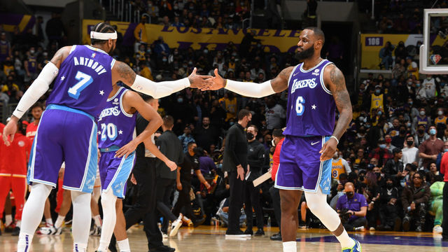 LOS ANGELES, CA - JANUARY 7: LeBron James #6 hi-fives Carmelo Anthony #7 of the Los Angeles Lakers during the game against the Atlanta Hawks on January 7, 2022 at Crypto.Com Arena in Los Angeles, California. NOTE TO USER: User expressly acknowledges and agrees that, by downloading and/or using this Photograph, user is consenting to the terms and conditions of the Getty Images License Agreement. Mandatory Copyright Notice: Copyright 2021 NBAE