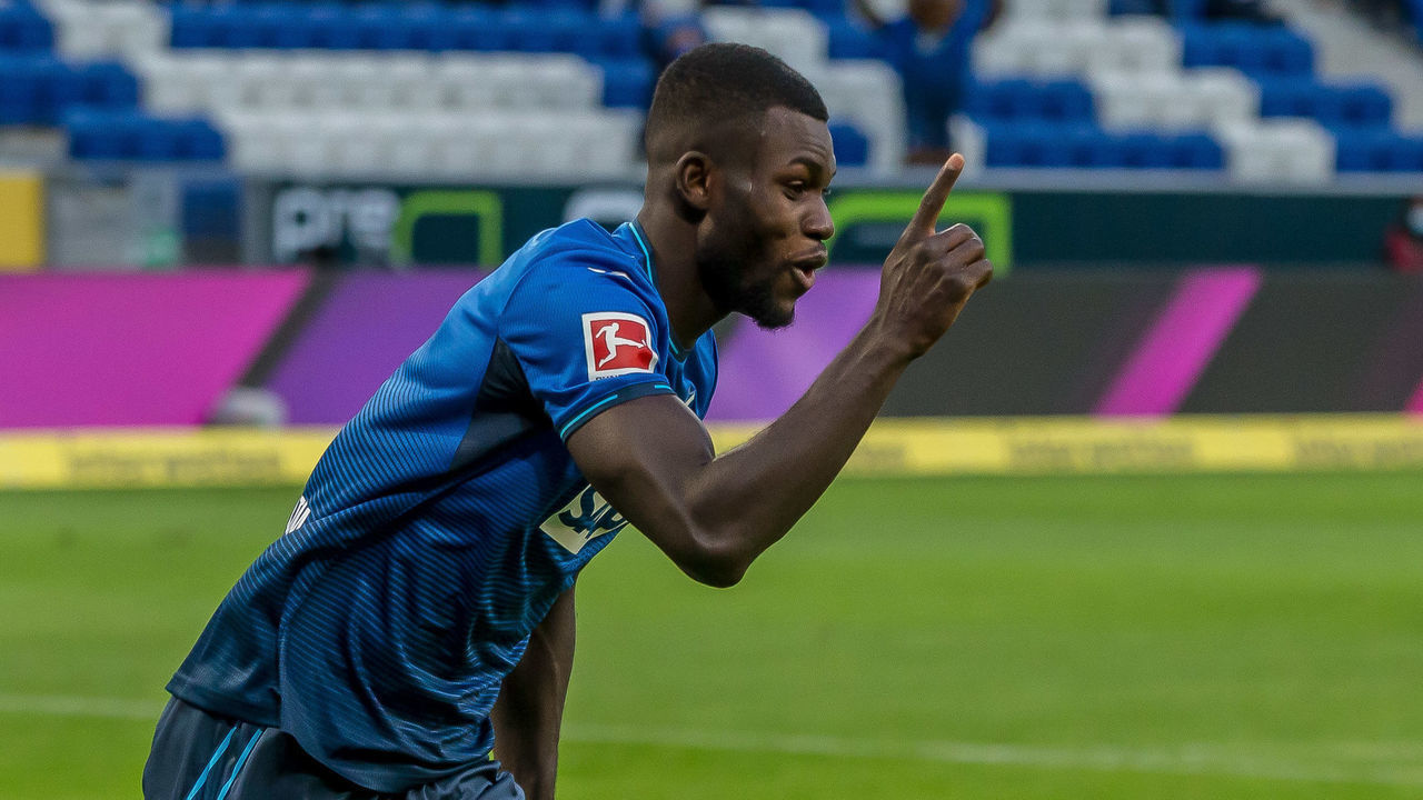 SINSHEIM, GERMANY - JANUARY 08: (BILD OUT) Ihlas Bebou of TSG 1899 Hoffenheim celebrates after scoring his team's first goal during the Bundesliga match between TSG Hoffenheim and FC Augsburg at PreZero-Arena on January 8, 2022 in Sinsheim, Germany.