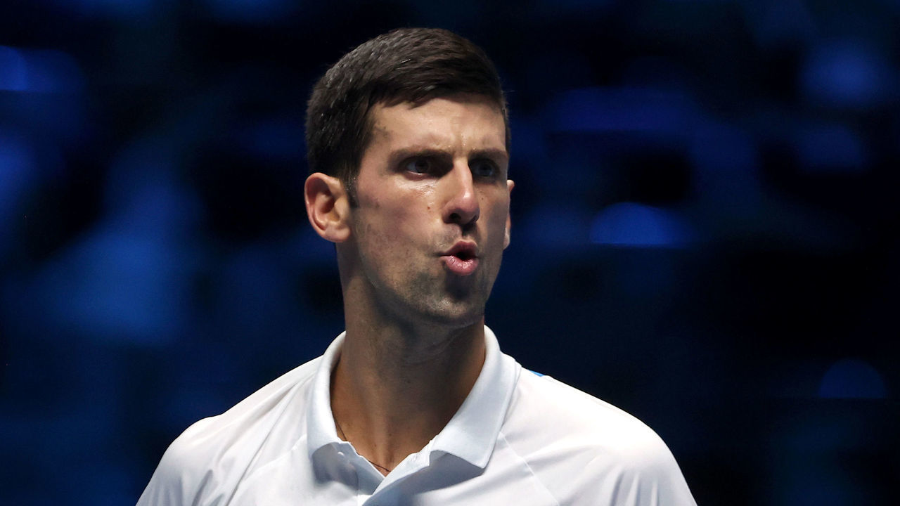 TURIN, ITALY - NOVEMBER 20: Novak Djokovic of Serbia reacts during the Men's Single's Second Semi-Final match between Novak Djokovic of Serbia and Alexander Zverev of Germany on Day Seven of the Nitto ATP World Tour Finals at Pala Alpitour on November 20, 2021 in Turin, Italy.