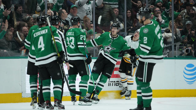 DALLAS, TX - JANUARY 8: Denis Gurianov #34 and the Dallas Stars celebrate a goal against the Pittsburgh Penguins at the American Airlines Center on January 8, 2022 in Dallas, Texas.