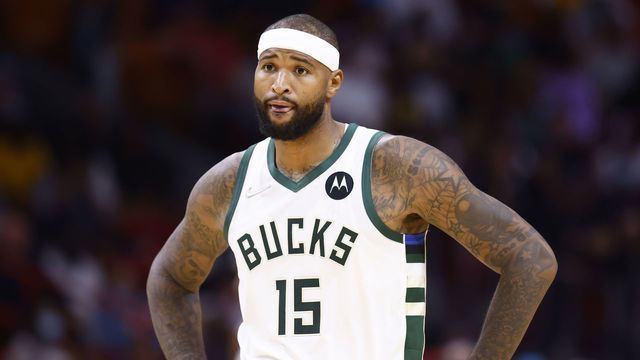 MIAMI, FLORIDA - DECEMBER 08: DeMarcus Cousins #15 of the Milwaukee Bucks looks on against the Miami Heat during the second half at FTX Arena on December 08, 2021 in Miami, Florida.