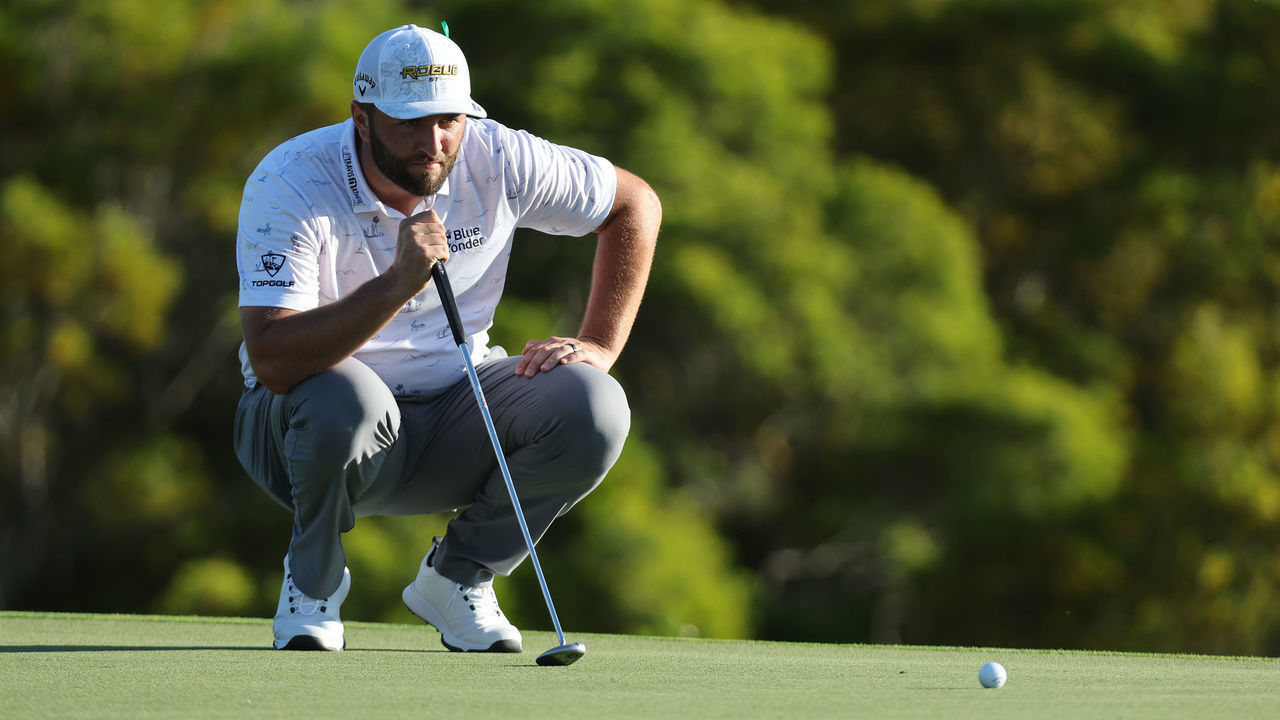 LAHAINA, HAWAII - JANUARY 08: Jon Rahm of Spain lines up his putt on the 17th green during the third round of the Sentry Tournament of Champions at the Plantation Course at Kapalua Golf Club on January 08, 2022 in Lahaina, Hawaii.