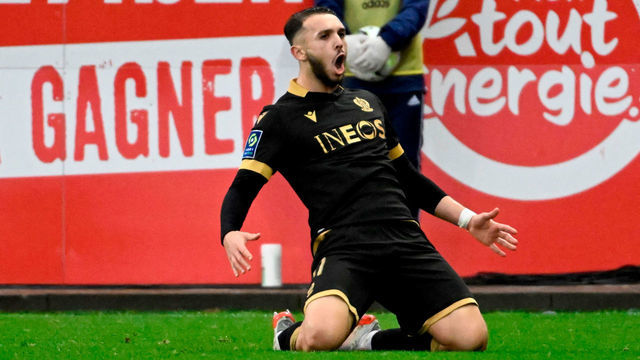 Nice's French forward Amine Gouiri celebrates after scoring a goal during the French L1 football match between Brest and Saint-Etienne at the Francis Le Ble stadium in Brest on January 9, 2022.