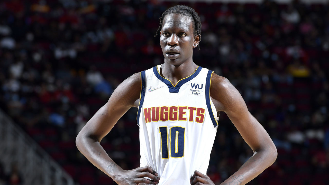 HOUSTON, TX - JANUARY 1: Bol Bol #10 of the Denver Nuggets looks on during the game against the Houston Rockets on January 1, 2022 at the Toyota Center in Houston, Texas. Mandatory Copyright Notice: Copyright 2022 NBAE