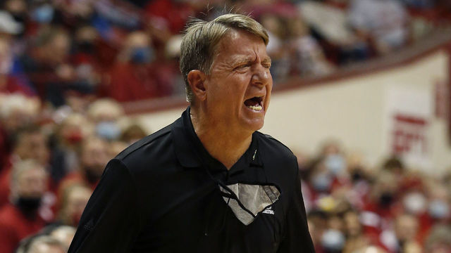 BLOOMINGTON, IN - DECEMBER 02: NC State Wolfpack Head Coach Wes Moore reacts to the call during a womens college basketball game between the NC State Wolfpack and Indiana Hoosiers on December 02, 2021 at Assembly Hall in Bloomington, IN.