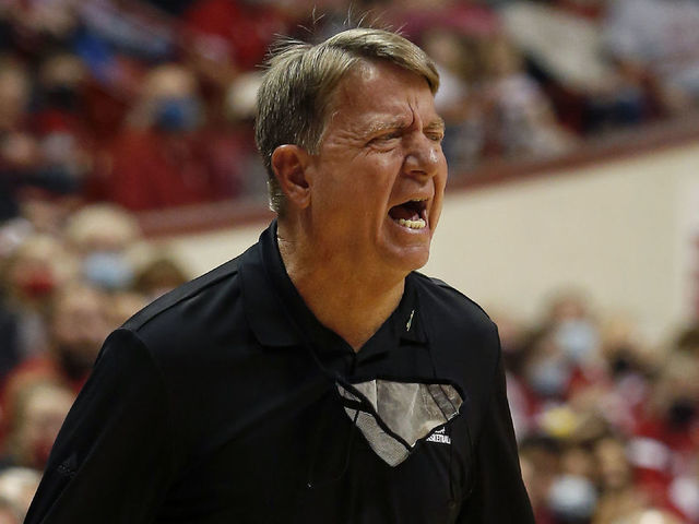 BLOOMINGTON, IN - DECEMBER 02: NC State Wolfpack Head Coach Wes Moore reacts to the call during a womens college basketball game between the NC State Wolfpack and Indiana Hoosiers on December 02, 2021 at Assembly Hall in Bloomington, IN.