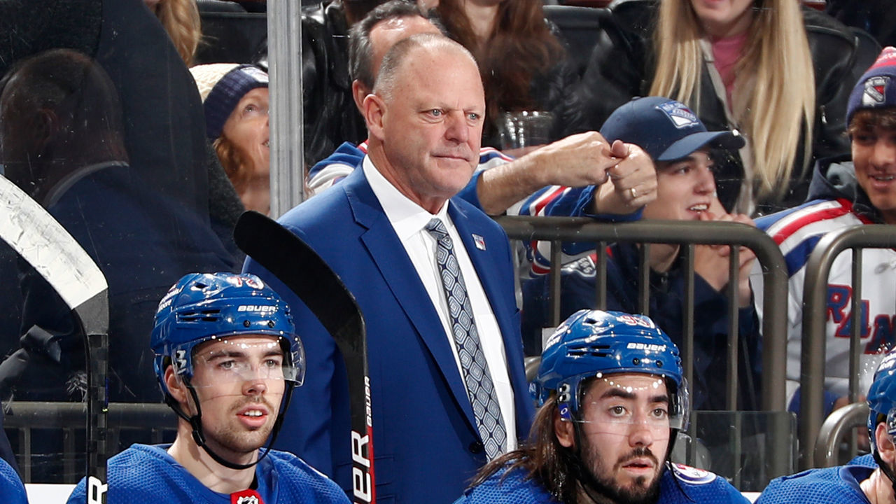 NEW YORK, NY - DECEMBER 04: Head coach Gerard Gallant of the New York Rangers looks on from the bench against the Chicago Blackhawks at Madison Square Garden on December 4, 2021 in New York City.