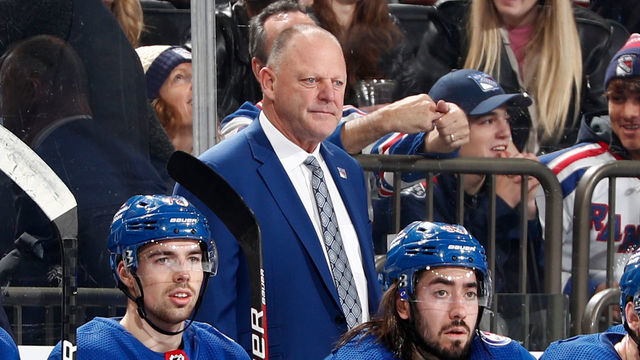 NEW YORK, NY - DECEMBER 04: Head coach Gerard Gallant of the New York Rangers looks on from the bench against the Chicago Blackhawks at Madison Square Garden on December 4, 2021 in New York City.